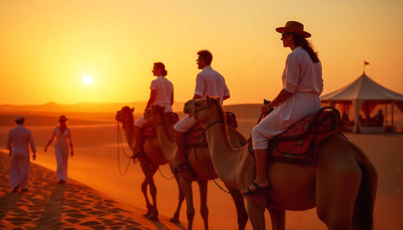 Travellers on a camel ride at sunset beside a desert camp